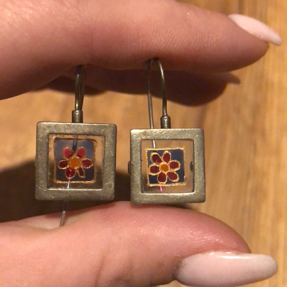 Silver stained glass flower earring